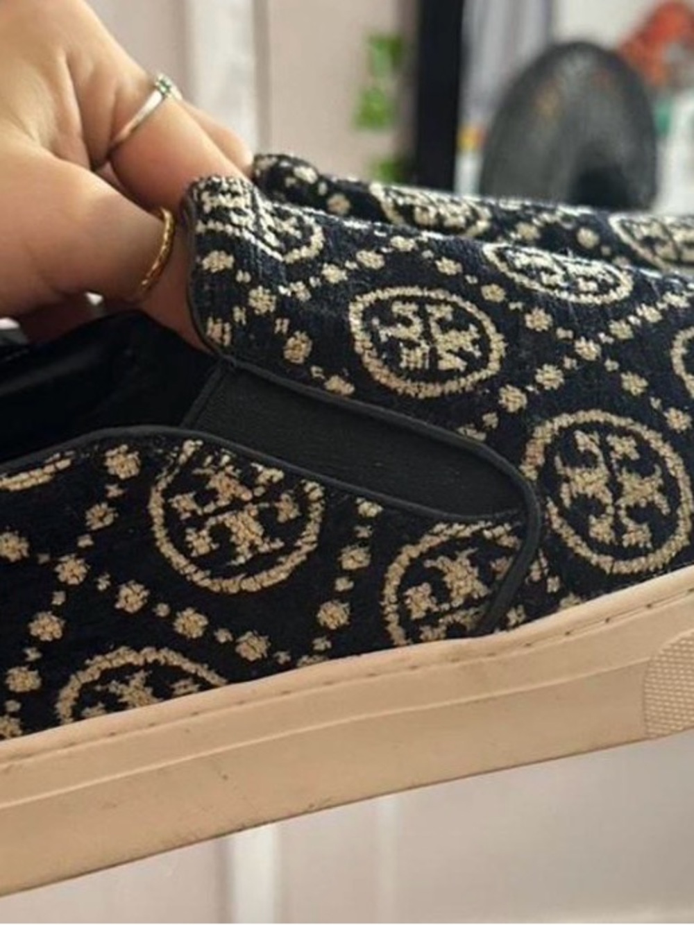 Tory Burch Black and Cream Logo Slip-On Espadrilles
